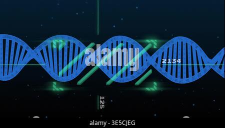 Displaying blue DNA helix graphic moving across center in virtual UI, with green bars and metrics Stock Photo
