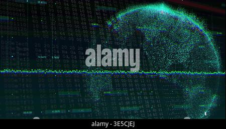 Glowing point-cloud globe pulsing on right in digital visualization, showing waveform and code Stock Photo