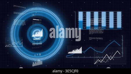 Displaying large glowing circular HUD left on dark grid panel, inner chart icon, notes, analytics Stock Photo