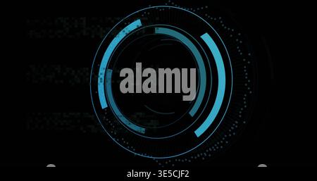 Rotating future HUD showing cyan concentric rings, crosshair center, faint code left on virtual UI Stock Photo