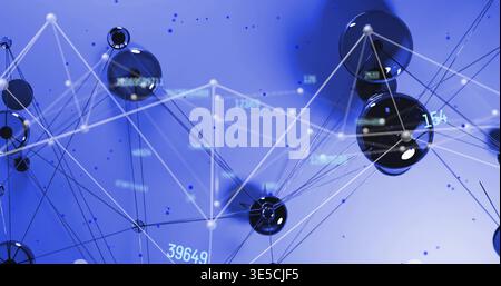 Displaying cluster of glossy black spheres linking by dark lines in blue gradient, numeric labels Stock Photo
