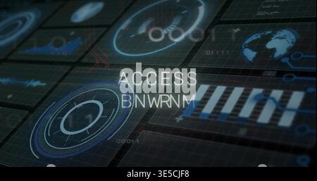 Displaying central ACCESS BNWRNM overlay on tilted UI panels, showing radar dial and globe Stock Photo