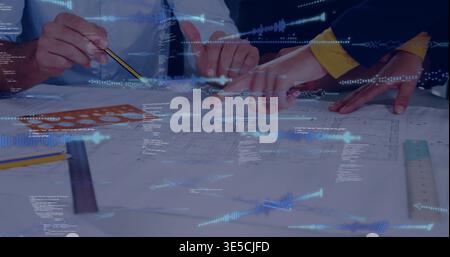 Reviewing three hands wearing office wear marking blueprint at studio table, pencil ruler overlay Stock Photo