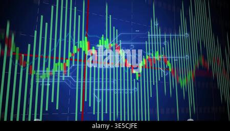 Displaying chart filling screen, showing green bars, red-and-green line, bold red reference line Stock Photo
