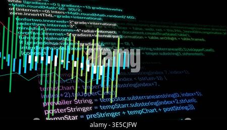Displaying 3D color-coded bars and monospaced code hovering on dark monitor, with line plots Stock Photo