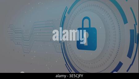 Displaying blue padlock icon inside right HUD rings in digital UI with circuit traces, copy space Stock Photo