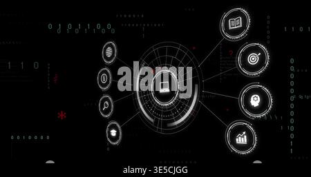 Displaying central HUD with laptop icon pulsing on cyber UI, linking left or right stacks, binary co Stock Photo