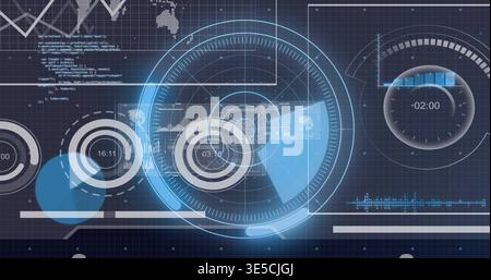 Displaying large central radar-style HUD scanning on dark grid, showing timers, map, charts Stock Photo