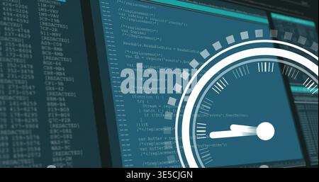 Displaying translucent gauge overlaying right screen at desk with code editor, console, copy space Stock Photo