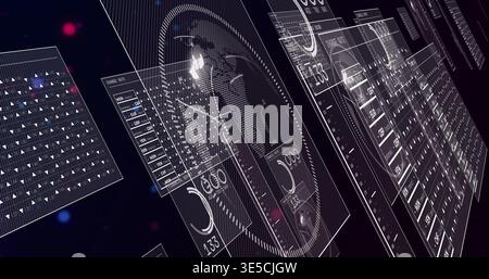 Displaying centered holographic panels occupying virtual 3D space, with globe, charts, counters Stock Photo