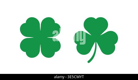 Vector illustration featuring green three leaf shamrock and lucky four leaf clover icons. Simple flat design elements isolated on white background for St Patricks Day.. Stock Vector