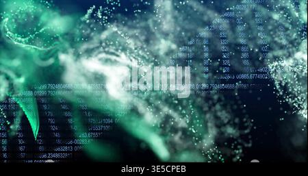 Swirling green white particle clouds and glowing numbers forming digital space, with bokeh points Stock Photo