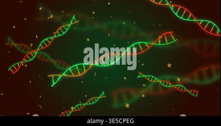 Glowing central DNA helix floating in gradient backdrop with neon green and red accents, gold stars Stock Photo