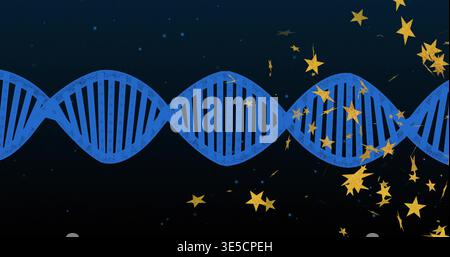 Running blue DNA double helix across dark background with light-blue dots, scattering yellow stars Stock Photo