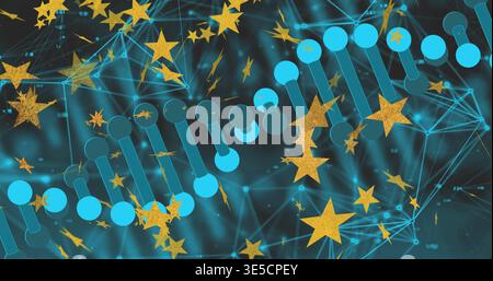 Showing turquoise helix running diagonally in abstract data network, with gold stars and neon lines Stock Photo