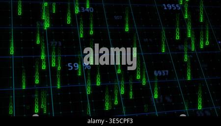 Streaming neon green binary streams flowing over teal-blue 3D grid plane, displaying 59% Stock Photo