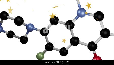 Displaying ball-and-stick model framed on white background showing atoms and gold star confetti Stock Photo