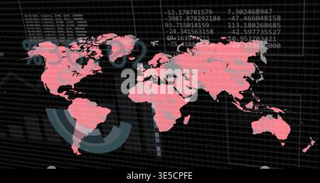 Displaying stylized pink world map centered on dark grid dashboard, with radar arcs and data Stock Photo