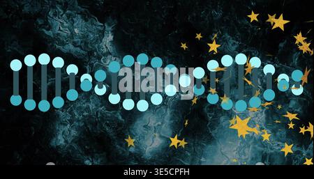 Displaying stylized DNA helix with blue nodes and teal bars on teal-black marble, with gold stars Stock Photo