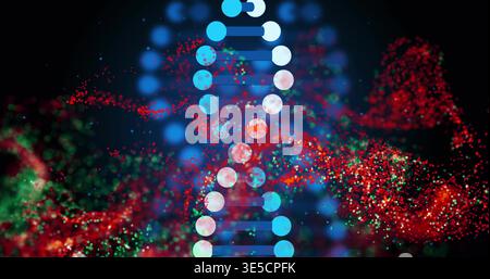 Glowing stylized DNA helix pulsing in dark void, streaming red and green particle clouds Stock Photo