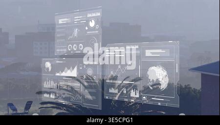 Displaying holographic dashboards with globe floating over roof terrace, palm frond near chairs Stock Photo