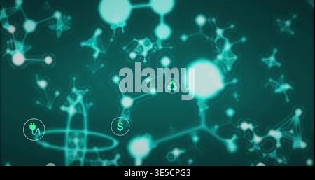 Glowing prominent round node linking nodes in digital art, showing power plug dollar recycle icons Stock Photo