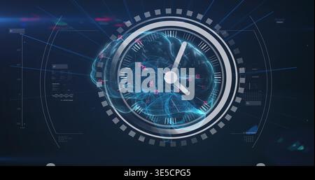 Projecting holographic 3D brain spinning inside virtual HUD, with analog clock hands, magenta nodes Stock Photo