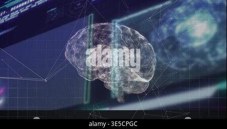 Floating 3D brain hologram pulsing in research lab, with vertical light bars, grid nodes and panels Stock Photo