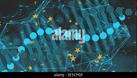 Displaying stylized DNA helix spanning data network, showing cyan nodes, teal bars, gold stars Stock Photo