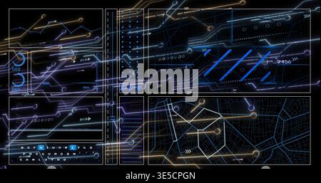 Displaying futuristic digital dashboard glowing on dark void, showing panels, gauges, map grid 2456 Stock Photo