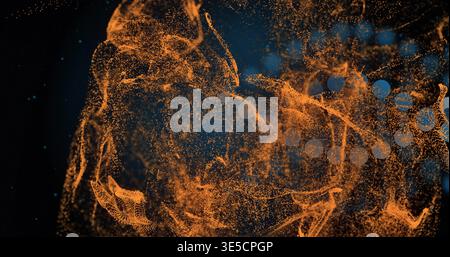 Swirling glowing orange particle cloud forming mesh ribbons and trails in void, pale blue bokeh Stock Photo