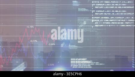 Displaying overlaid financial charts and dotted map across urban skyline at dawn, with code Stock Photo