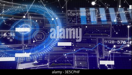 Projecting large blue circular HUD rotating in virtual interface, showing panels, charts, nodes Stock Photo