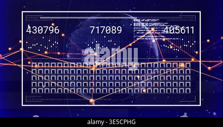 Showing centered white UI frame on dark blue dashboard with three numeric readouts and orange graph Stock Photo