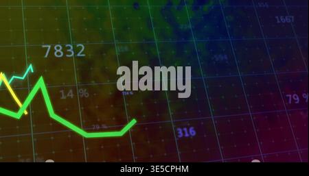 Displaying neon green trend line rising on dashboard grid, showing labels 7832,316,14%,79% and map Stock Photo