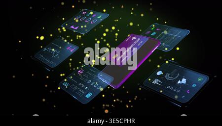 Displaying purple contactless card over central touchscreen device in dark virtual space, UI panels Stock Photo