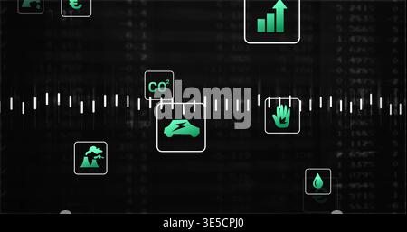 Displaying central waveform timeline on dashboard, showing teal EV car with bolt and CO2 Stock Photo