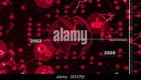 Displaying wireframe globe centered on dark visual, connecting nodes with 2003 and 2020 markers Stock Photo