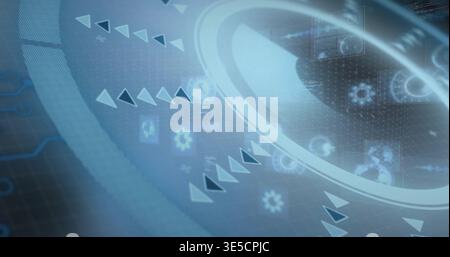 Displaying futuristic HUD ring glowing on digital dashboard, showing arrow band and thumb panels Stock Photo