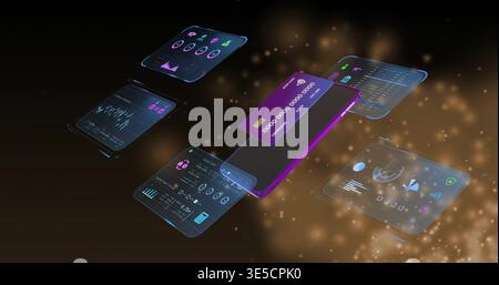 Floating angled purple phone showing overlaying purple tap card and holo UI panels in virtual dash Stock Photo