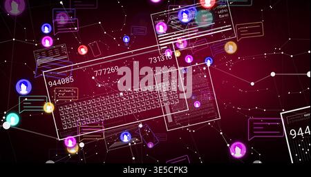 Showing wireframe keyboard and panels on magenta-black gradient, displaying avatars, chats, IDs Stock Photo