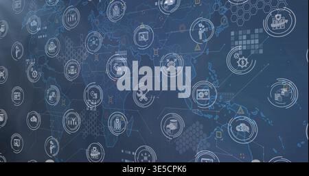 Displaying stylized world map overlaying dark blue dashboard, with circular network icons Stock Photo