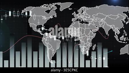 Displaying grayscale world map on trading dashboard with candlesticks bars red and cyan trend lines Stock Photo