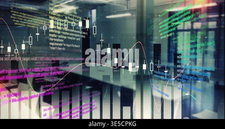Displaying data overlays floating over open office, with candlesticks, bars, lines, code Stock Photo