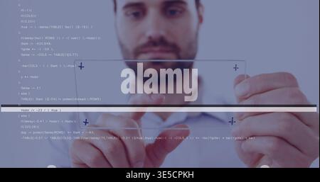 Manipulating man in collared shirt using glass panel in studio with floating code and UI markers Stock Photo