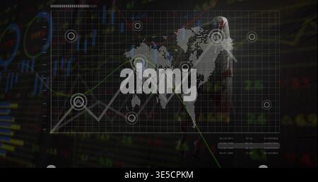 Displaying grid overlay showing dotted world map and trend lines on trading display, hooded figure Stock Photo
