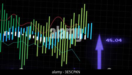 Displaying candlestick chart on trading dashboard, showing red cyan lines, purple arrow 48 Stock Photo