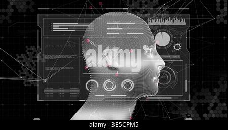 Displaying dotted-wireframe 3D head projecting data charts in virtual HUD, with red marker nodes Stock Photo