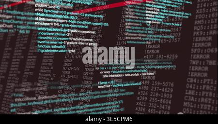 Displaying source code overlay on dev screen at desk, with ERROR columns, teal highlights, red bar Stock Photo