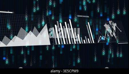 Showing three clear grid panels centered in digital dashboard, displaying charts and binary streams Stock Photo